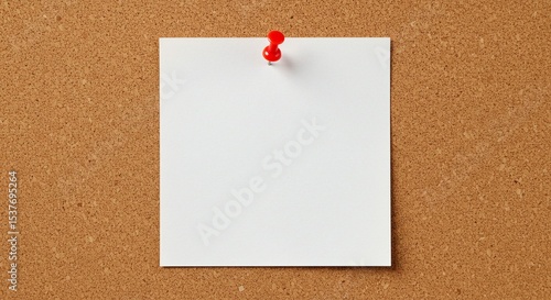 A blank piece of paper is pinned to a corkboard with a red push pin in the top center area.