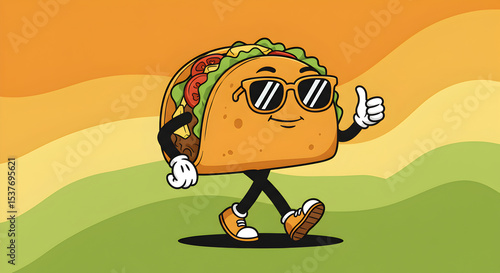 Cartoon Taco Character with Sunglasses Walking and Giving a Thumbs Up