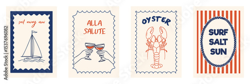 Hand draw la dolce vita vintage posters. Summer Italy. Retro nautical postcard vector collection, sailboat surf salt sun lobster oyster and champagne toast quotes on vintage stamp frames. Coastal summ