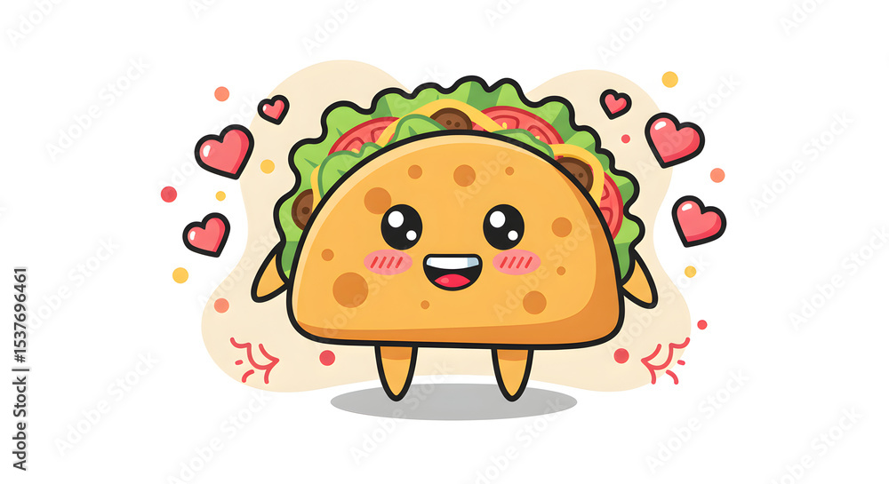 Cute Cartoon Taco with Hearts and Expression of Love and Affection Cute Cartoon Taco with Hearts and Expression of Love and Affection