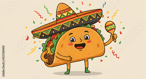 Cute cartoon taco with a sombrero and maraca celebrating cinco de mayo
