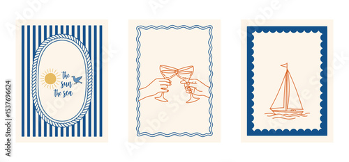 Summer Italy la dolce vita vintage posters. Nautical greeting card vector set, striped frame design with clinking champagne glasses, sailing boat and blank border templates. Vintage coastal stationery