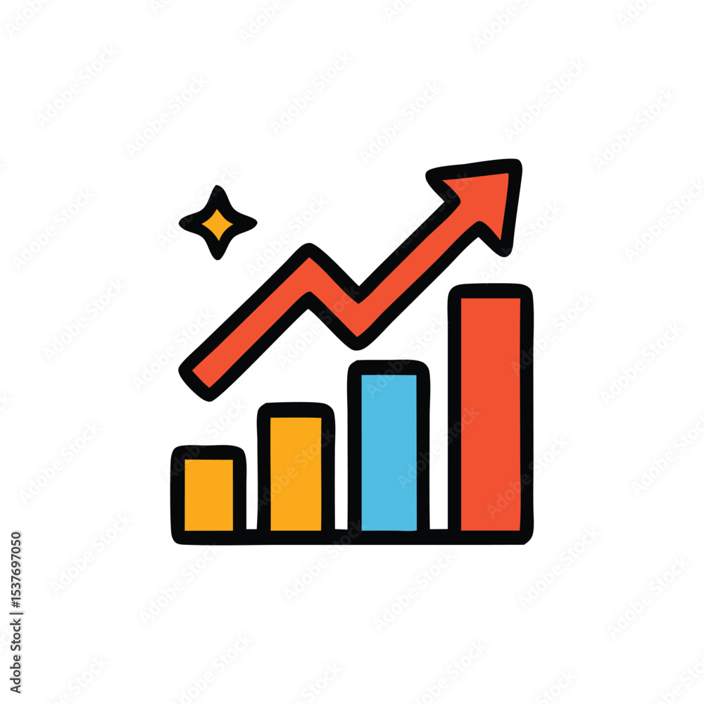 A colorful bar graph shows upward growth with a red arrow and a star icon. A colorful bar graph shows upward growth with a red arrow and a star icon.
