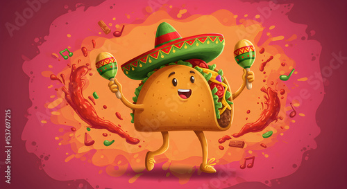Fun cartoon of a taco with a sombrero playing maracas with a colorful background