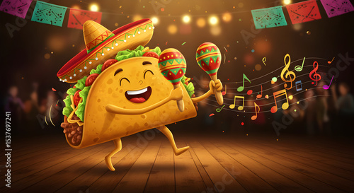Fun Cartoon Taco with Sombrero Playing Maracas and Enjoying Festive Music