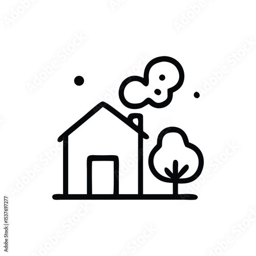 Simple line drawing of a house with smoke coming from the chimney and a tree next to it.