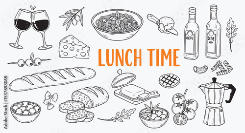 Black line art Lunch Time Italian food vector set showing wine, cheese, bread, olive oil, salad, tomato and basil. Vintage sketch style for restaurant menus