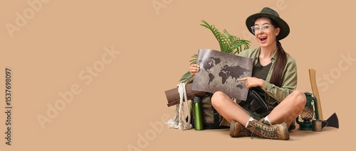 Excited female tourist with...