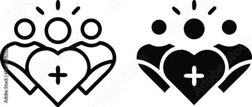 Children and Heart Care Icon – Minimalist Line Art Vector with Plus Symbol