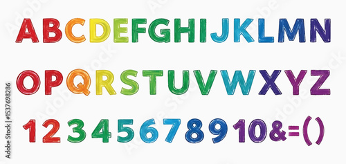 Rainbow watercolor alphabet vector, colorful uppercase letters and numbers with bold multicolor strokes. Great for kids education, crafts and invitations