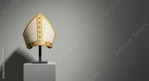 A white and gold mitre stands atop a gray pedestal in a minimalistic exhibition display setting.