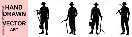 Hand drawn farmer silhouettes with vintage tools in vector art for agriculture, rural labor, historical farming, and countryside themed illustration design