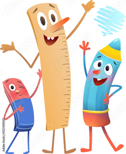 Cute playful School Supplies characters for kids education and funny learning. Back to school cartoon clip art, ruler eraser and pen student friends. Cartoon vector illustration for children education