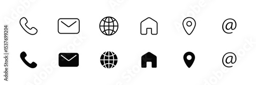 Black and white contact web icon set isolated, vector illustration of phone home global location pin for business website design