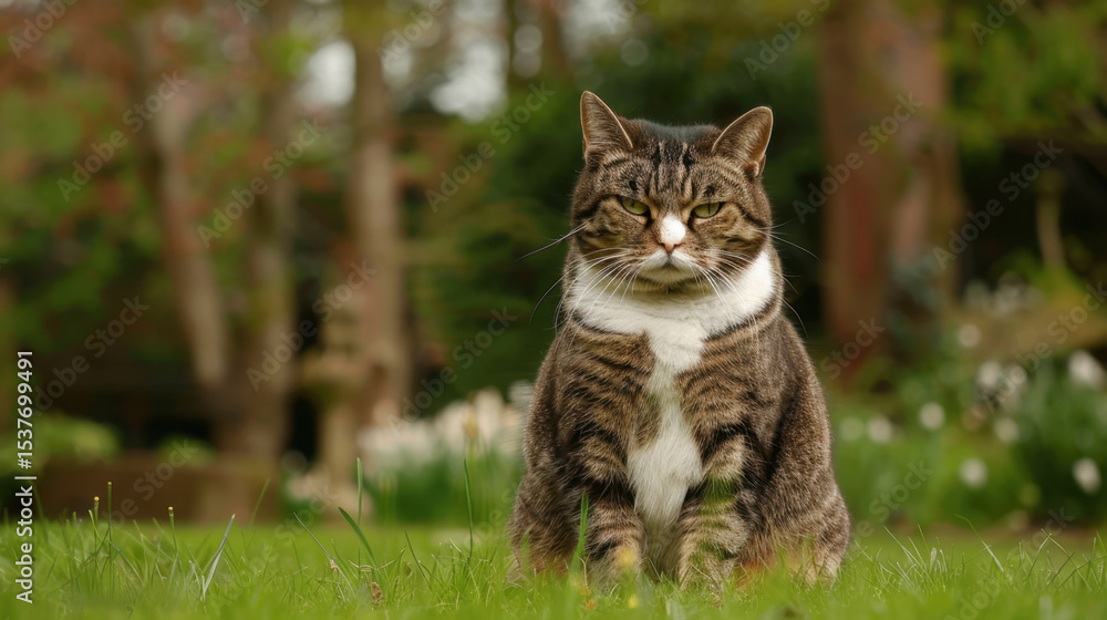 British Shorthair cat sits on green lawn, displaying serious expression. cat fur is mix of brown and gray stripes, contrasting British Shorthair cat sits on green lawn, displaying serious expression. cat fur is mix of brown and gray stripes, contrasting