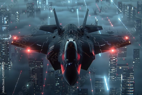 Futuristic stealth fighter jet flying over a cyberpunk city at night, dramatic digital art illustration