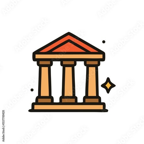 Illustration of a building facade with columns and a triangular roof, outlined in black and highlighted with a star.