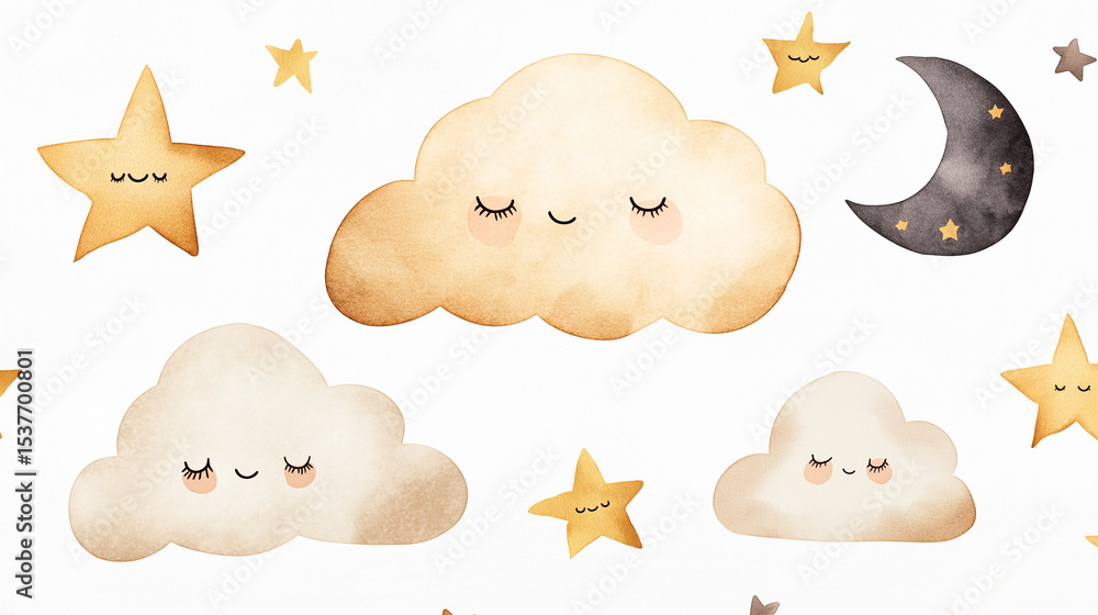 Fototapeta premium Cute Dreams of Cloud and Star: Dreamy depiction of a sleepy moon, adorable cloud and star. Perfect for children's art, or nursery decor.