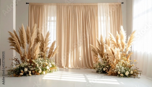 Elegant minimalist wedding backdrop with soft beige drapery, dried pampas grass, and neutral floral arrangement, studio photography