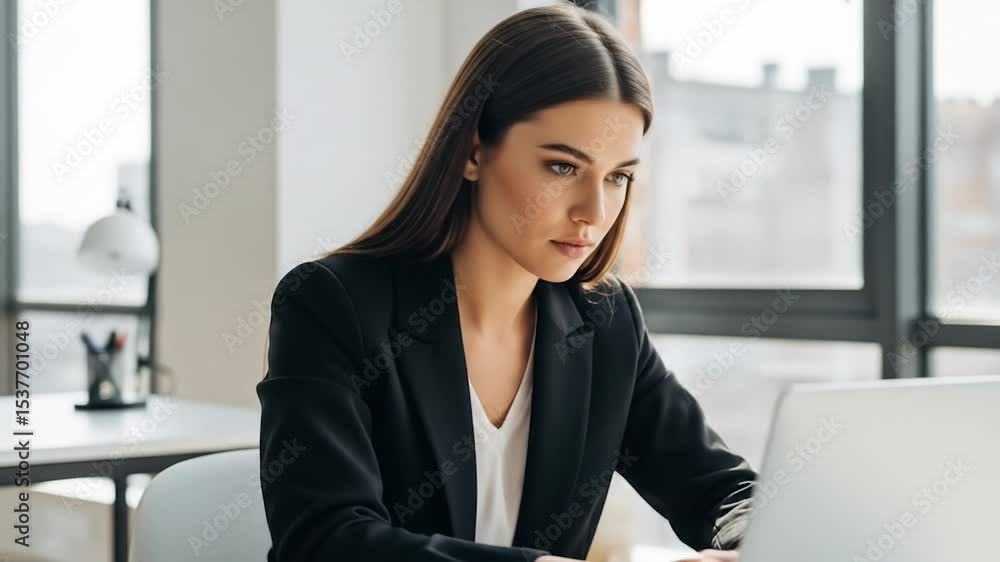 Focused businesswoman working on laptop in bright office, professional attire, modern workspace Focused businesswoman working on laptop in bright office, professional attire, modern workspace