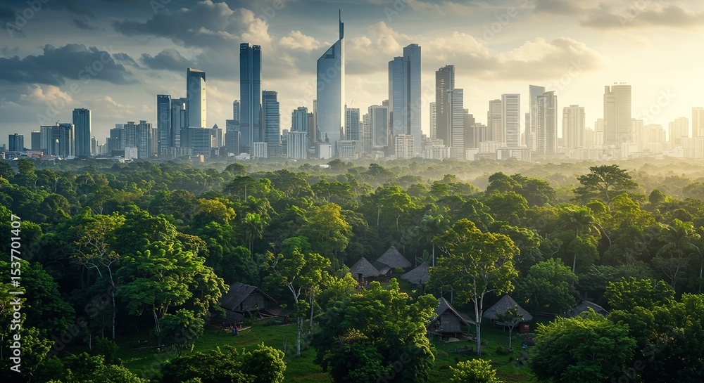Fototapeta premium Cityscape Rising Above Lush Green Forest, Modern Architecture Integration with Nature's Tranquility and Environmental Harmony