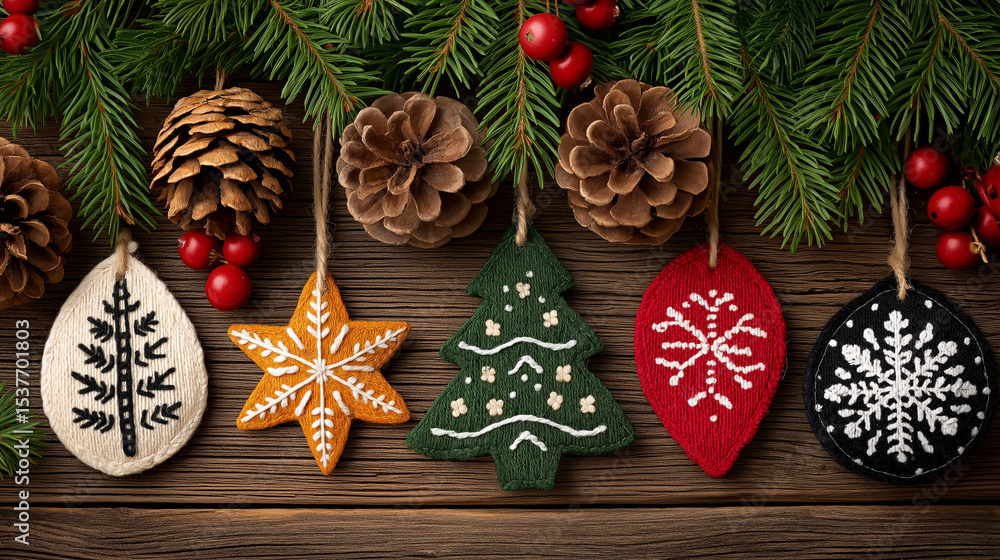 Fototapeta premium Festive Holiday Ornament Decorations: A charming collection of Christmas ornaments and natural decor suspended from lush evergreen boughs, exuding warmth and joy against a rustic wooden backdrop.
