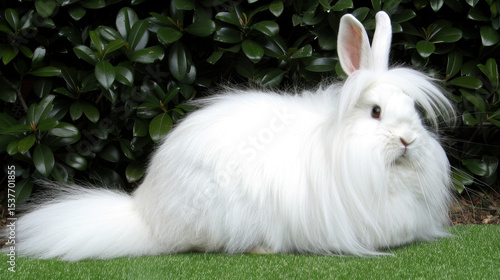 Fluffy angora rabbit sitting quietly on green lawn, showcasing its long, soft fur and adorable features, creating serene and peaceful atmosphere in natural setting