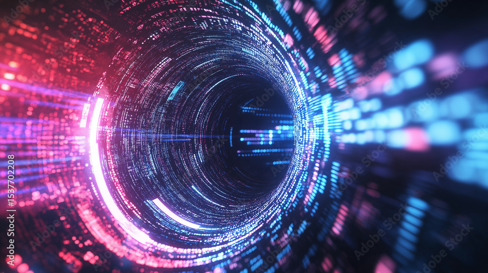 Data Tunnel Vision: A mesmerizing vortex of red and blue binary code pulses, drawing the viewer into the abstract heart of digital information stream. Data Tunnel Vision: A mesmerizing vortex of red and blue binary code pulses, drawing the viewer into the abstract heart of digital information stream.
