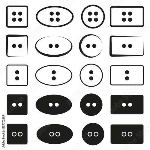 Button icon set. Black white vector. Oval and round shapes. Simple control elements