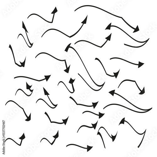 Random scattered arrows. Directional pointer set. Abstract chaotic elements. Vector graphic design.