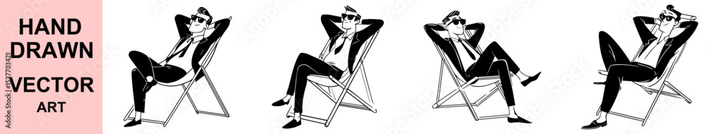 Businessman relaxing in lounge chair vector illustration set in black and white hand drawn retro style cartoon characters for lifestyle and leisure concept Businessman relaxing in lounge chair vector illustration set in black and white hand drawn retro style cartoon characters for lifestyle and leisure concept