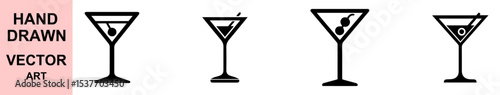 Hand drawn black martini cocktail glass icons vector set with cherries and olive garnish for party drinks alcohol celebration themes and bar menus