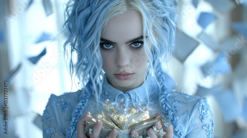 A young woman with vibrant blue hair holds a small, glowing book