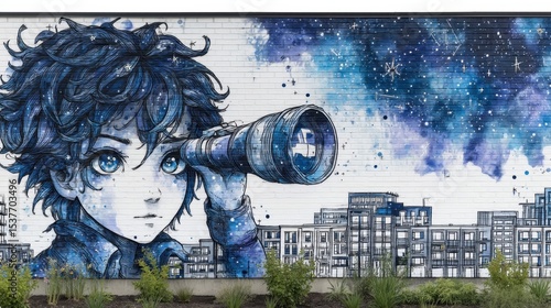 Child gazing through telescope at urban night sky