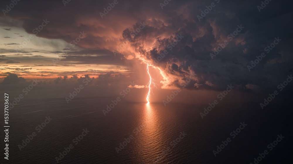 Obraz premium Dramatic Lightning Strike Over Ocean at Twilight, Aerial View