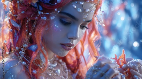 A woman adorned in  underwater-themed accessories, with a contemplative expression