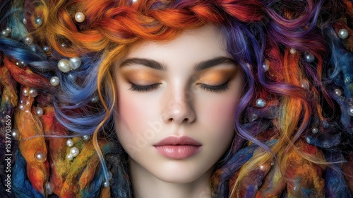 Close-up of a woman with vibrant, colorful braided hair and delicate makeup.  Eyes closed, peaceful expression