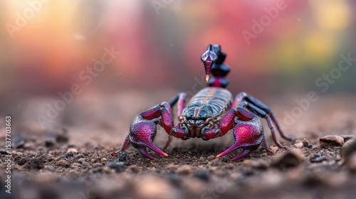 Close-up of a scorpion on the ground. Vivid colors and intricate patterns on its exoskeleton