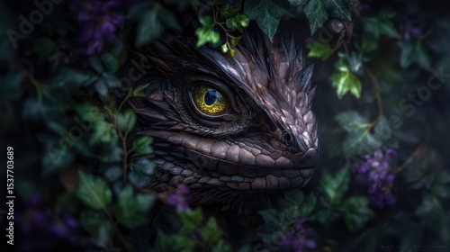 Close-up of a mythical lizard head hidden in a dense plant enclosure