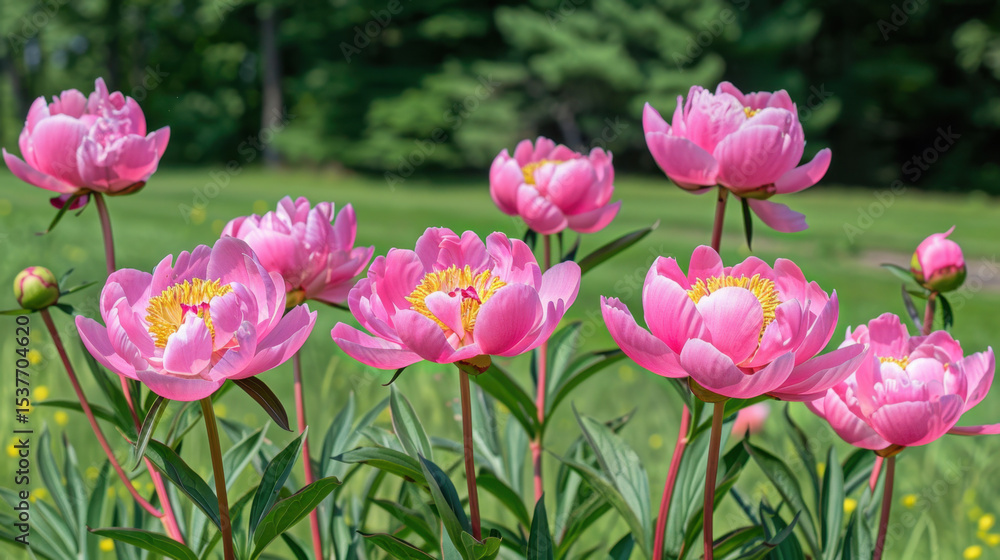 Obraz premium Soft pink peonies in full bloom create vibrant display in lush green field, evoking feelings of joy and tranquility. Their delicate petals and bright yellow centers add beauty to landscape