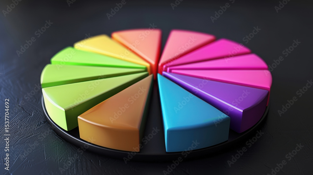 Fototapeta premium Colorful pie chart slices arranged in circular formation on dark surface, showcasing vibrant colors like green, orange, pink, and purple. design is visually appealing and modern