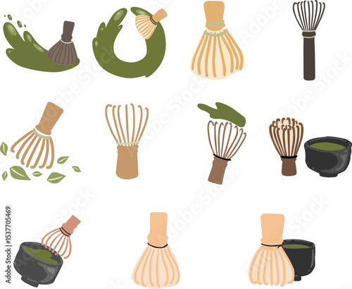 Chasen tool for mix matcha in traditional ceremonial Japanese tea sign for decoration on matcha green tea drinks.