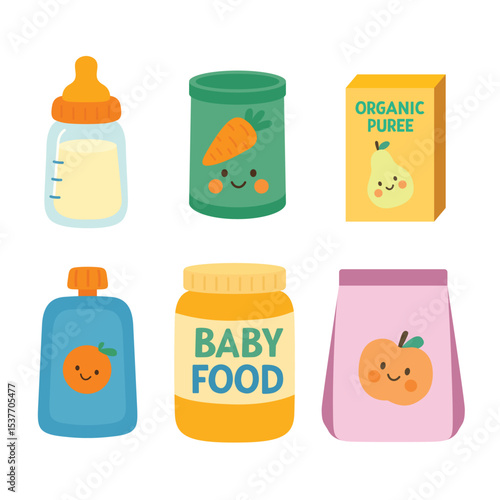 Set of baby food and feeding products including milk bottle, puree jars, food pouches and containers with smiling fruit and vegetable icons. Flat cartoon illustration on white background