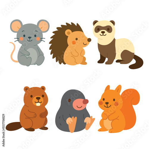 Set of cartoon forest and woodland animals including mouse, hedgehog, ferret, beaver, mole, and squirrel. Flat colorful illustration on white background. Small mammals and wildlife concept
