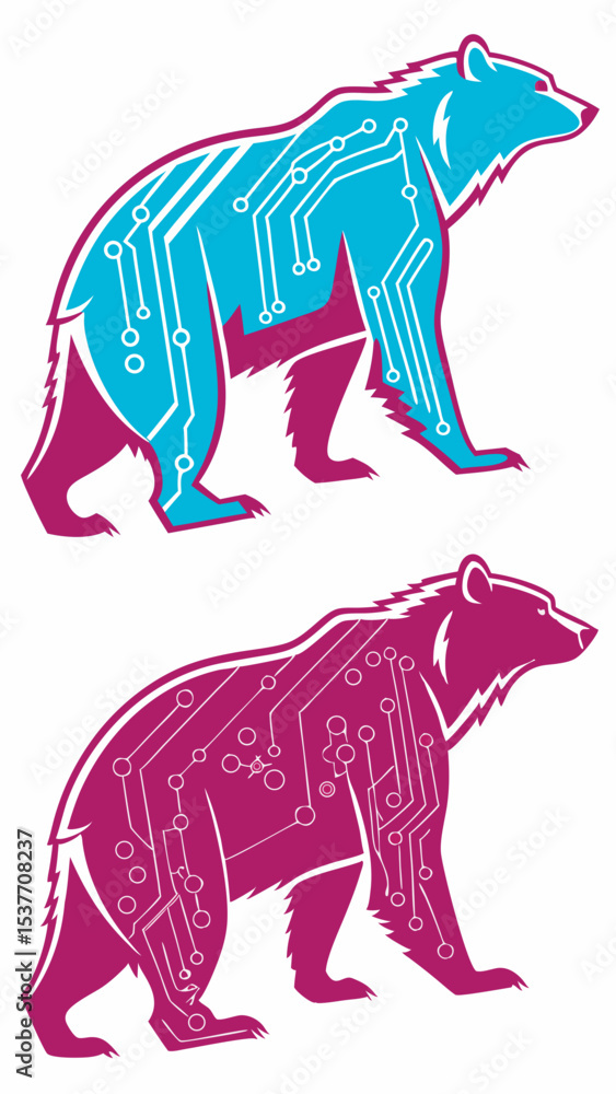Fototapeta premium Bear technology circuit board animal design vector illustration for tech company and logo design ideas