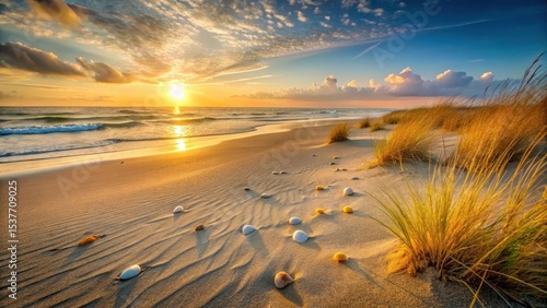 Serene Coastal Sunset Golden Sands, Ocean Waves, and Seashells at the Shore