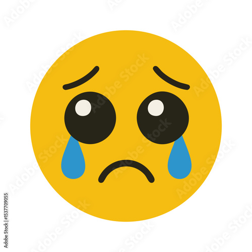 A classic yellow emoji face with big, sad eyes and prominent blue tears streaming down, expressing sorrow, emotional distress, or a plea for sympathy, crying emoticon with blue tears.