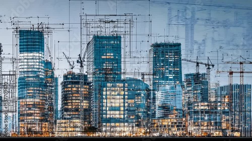 City Skyline: A stunning cityscape, reflecting the dynamic energy of urban development. Towering skyscrapers stand tall amid construction cranes, with blueprints overlayed.