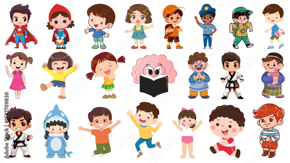 Collection of cartoon children in various costumes and poses standing against a white background image art Collection of cartoon children in various costumes and poses standing against a white background image art