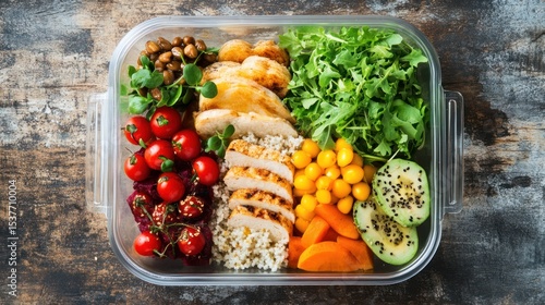 Colorful and Balanced Lunchbox Meal Prep on Wooden Surface, Overhead View